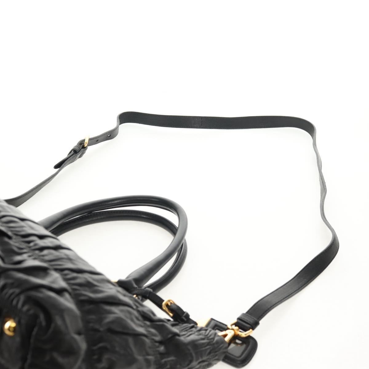 PRADA Tote Bag Leather 2way Black Gold Auth am9760V