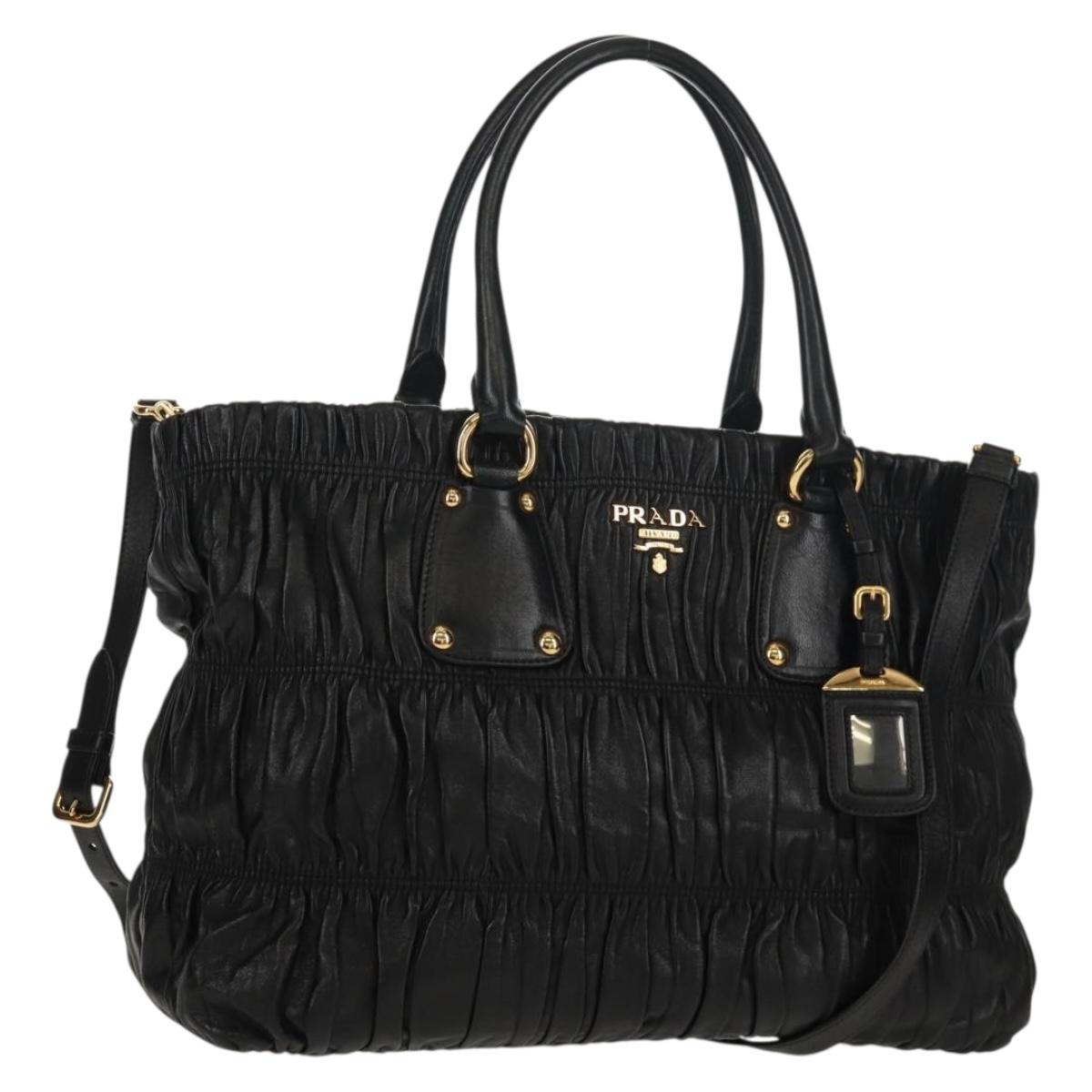 PRADA Tote Bag Leather 2way Black Gold Auth am9760V