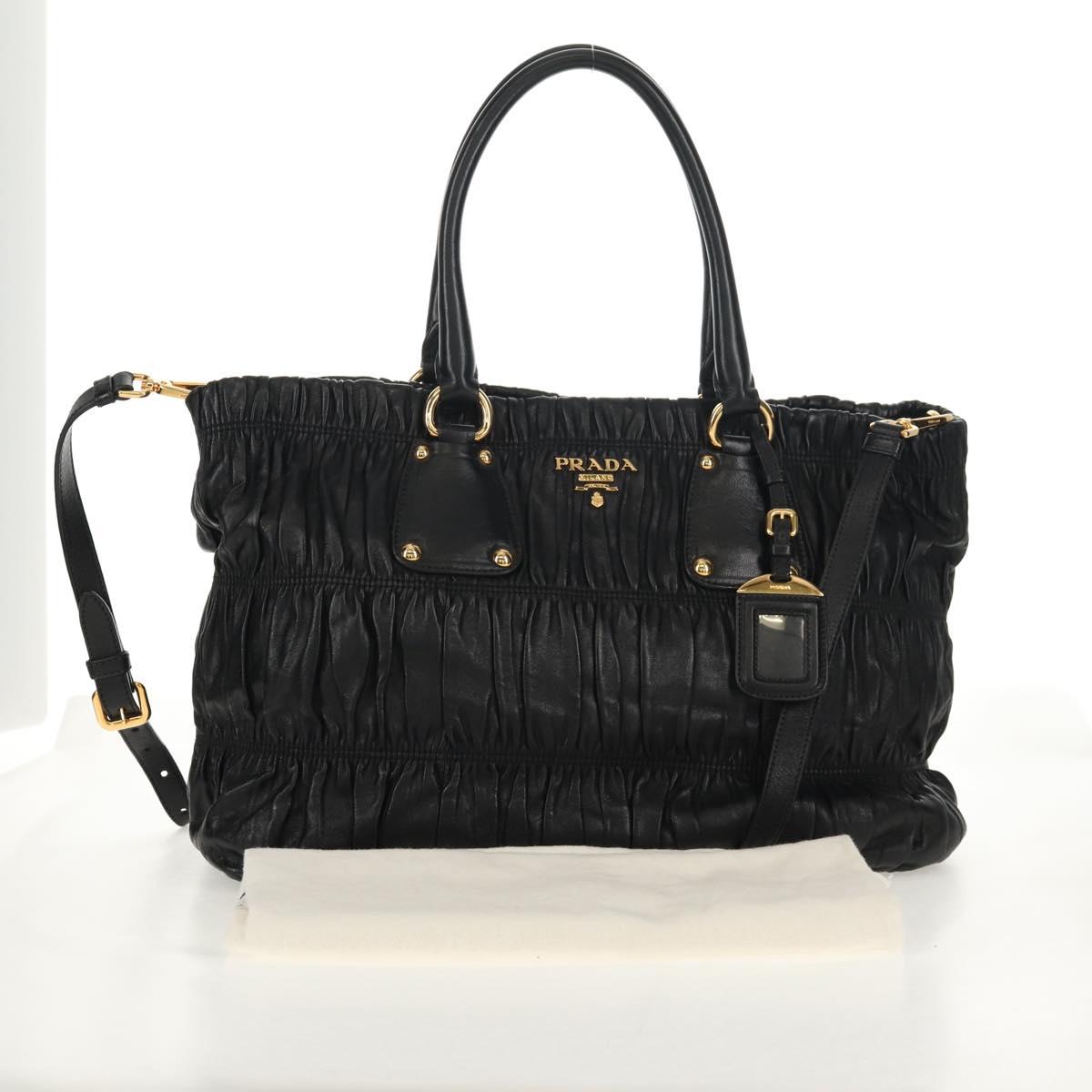 PRADA Tote Bag Leather 2way Black Gold Auth am9760V