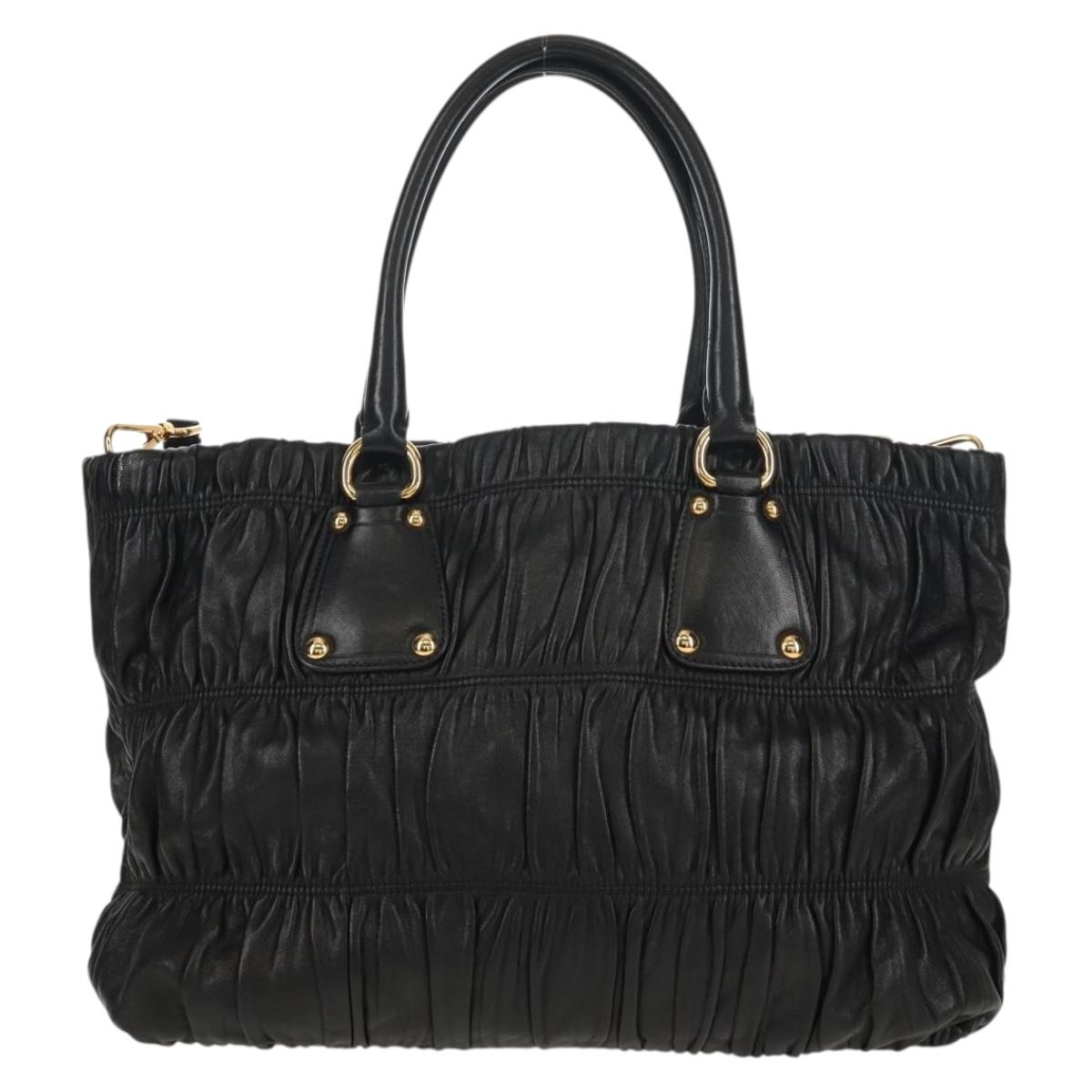 PRADA Tote Bag Leather 2way Black Gold Auth am9760V
