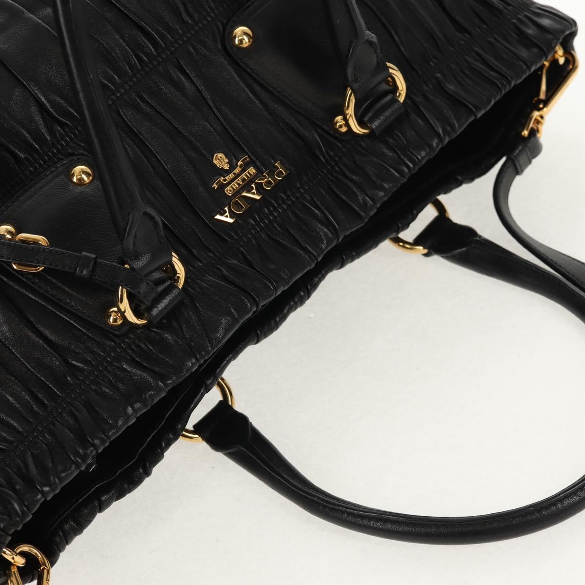 PRADA Tote Bag Leather 2way Black Gold Auth am9760V