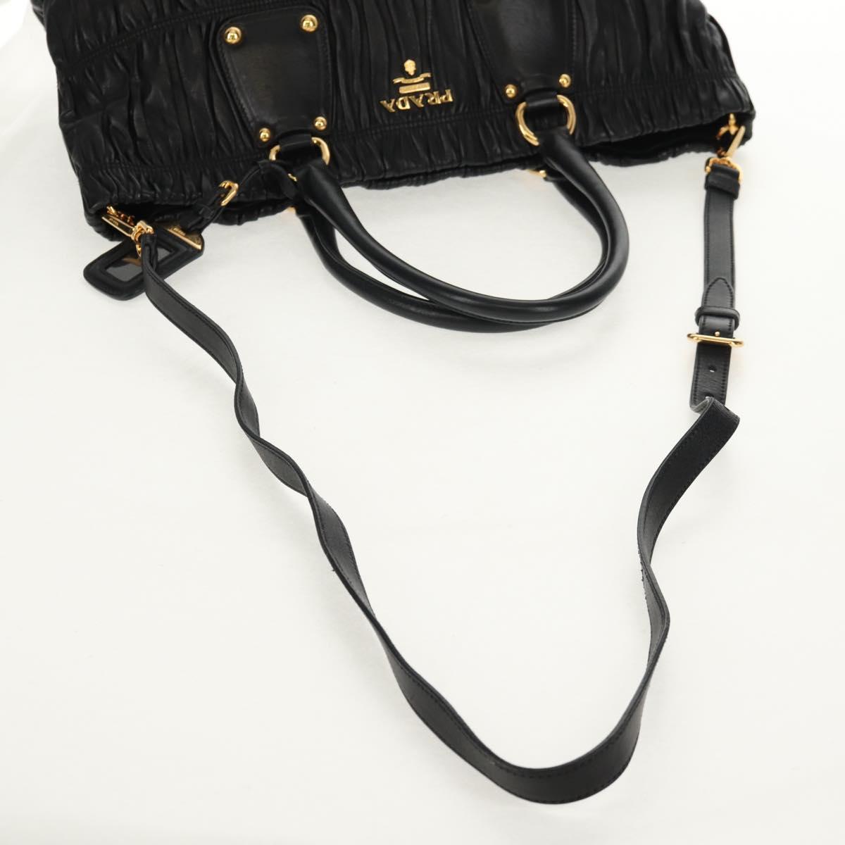 PRADA Tote Bag Leather 2way Black Gold Auth am9760V