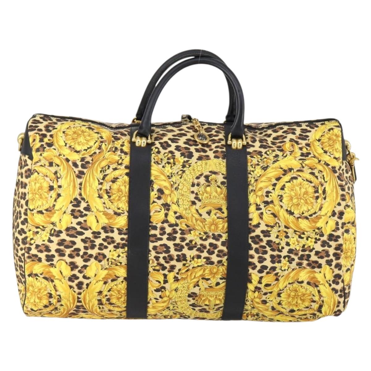 Gianni Versace Boston Bag Canvas PVC 2way Yellow Gold Auth am9766
