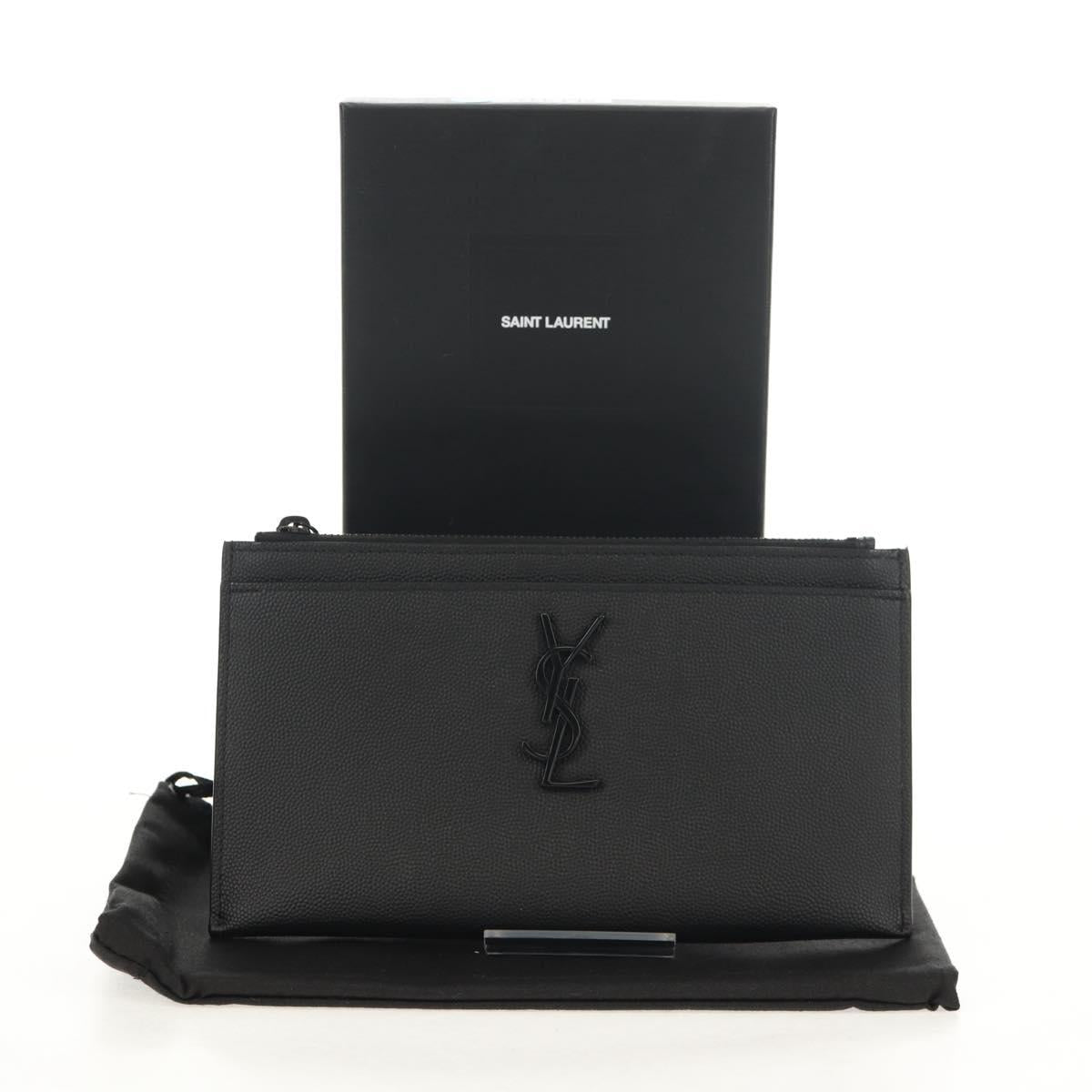 SAINT LAURENT Cassandra Pouch Leather Black Auth am9781A