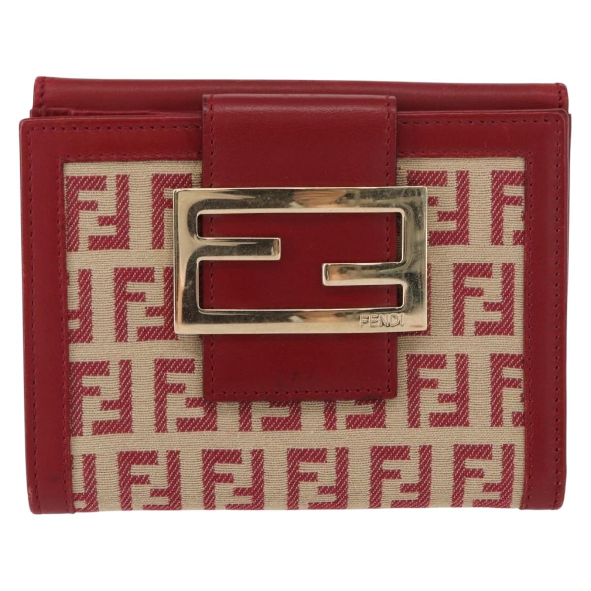 FENDI Zucchino Canvas Compact Wallet Red Gold Auth am9786