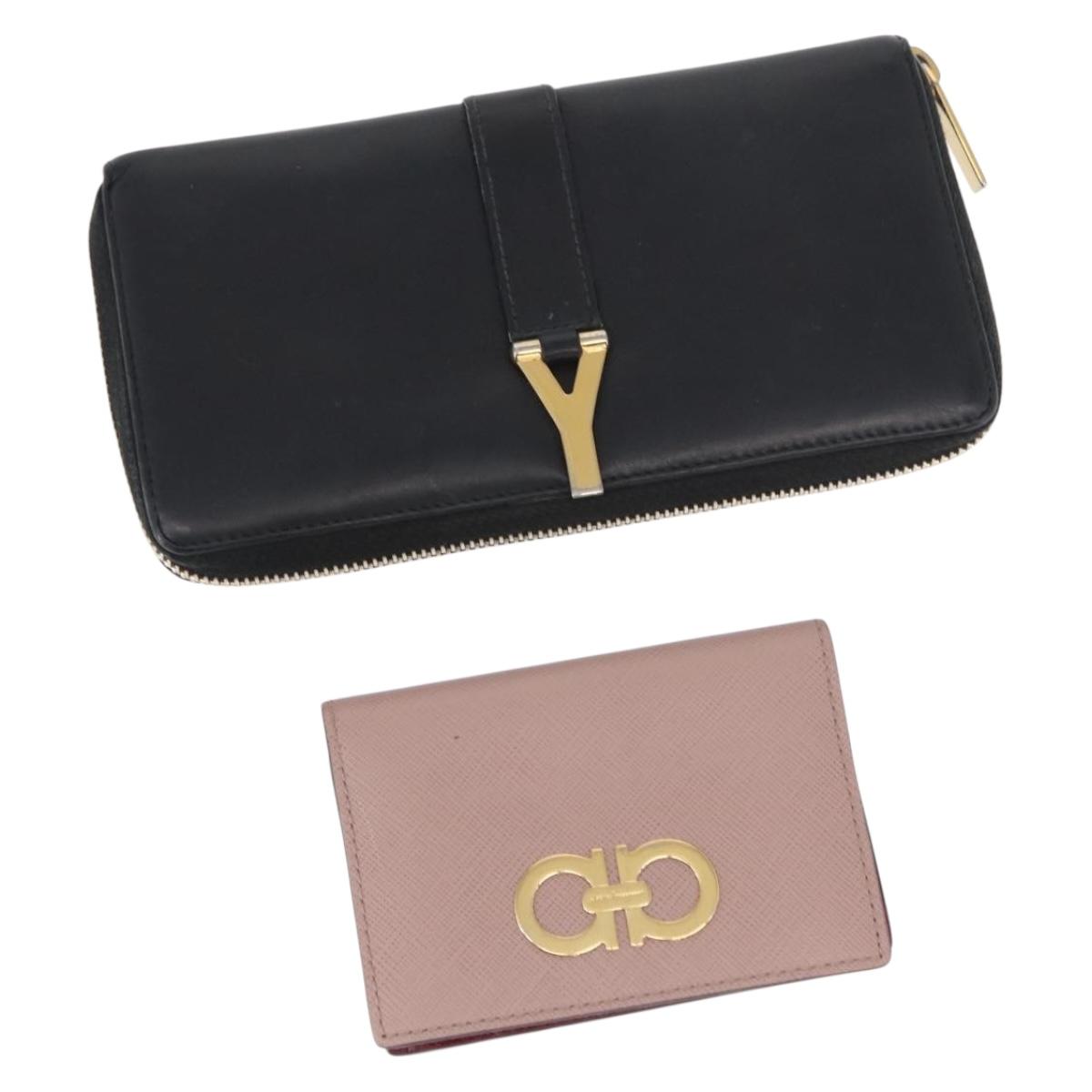 Salvatore Ferragamo Saint Laurent Wallet Leather 2 Set Pink Black Auth am9788