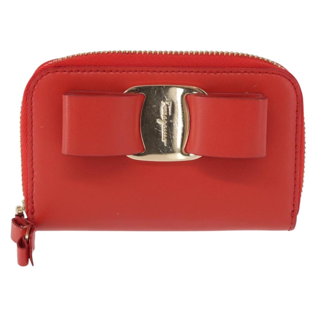 Salvatore Ferragamo Vala Compact Wallet Leather Red Gold Auth am9789