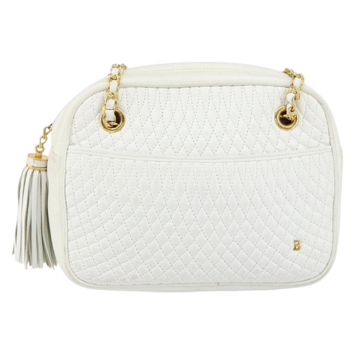 BALLY Chain Shoulder Bag Leather White Gold Auth am9802
