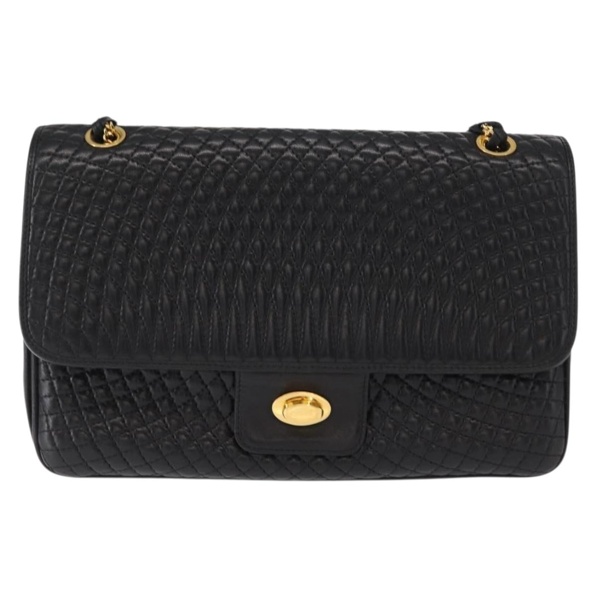 BALLY Chain Shoulder Bag Leather Black Gold Auth am9804