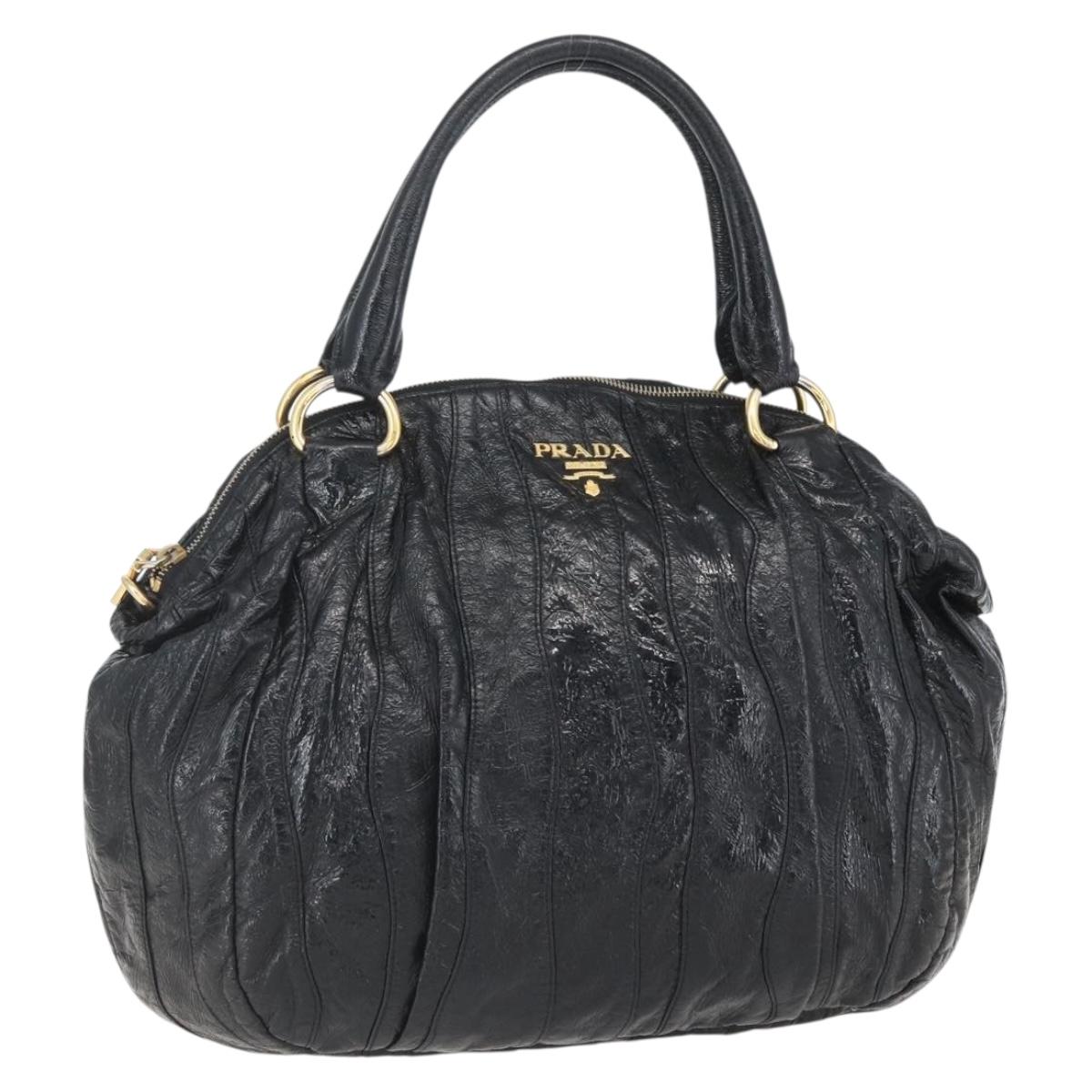 PRADA Hand Bag Enamel Black Gold Auth am9823