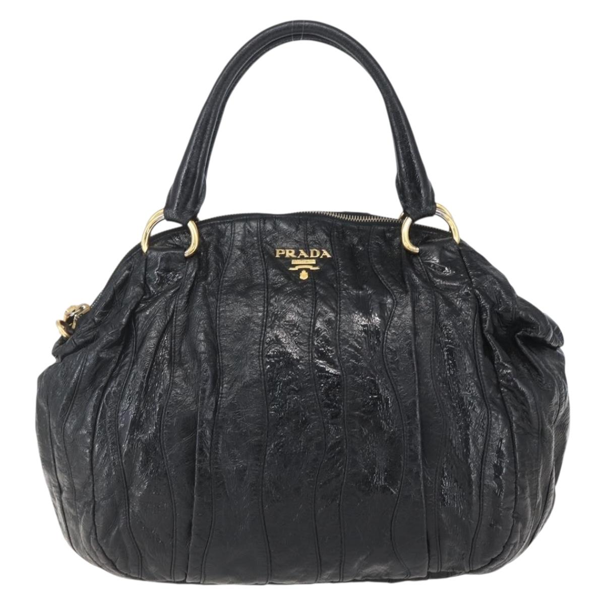 PRADA Hand Bag Enamel Black Gold Auth am9823