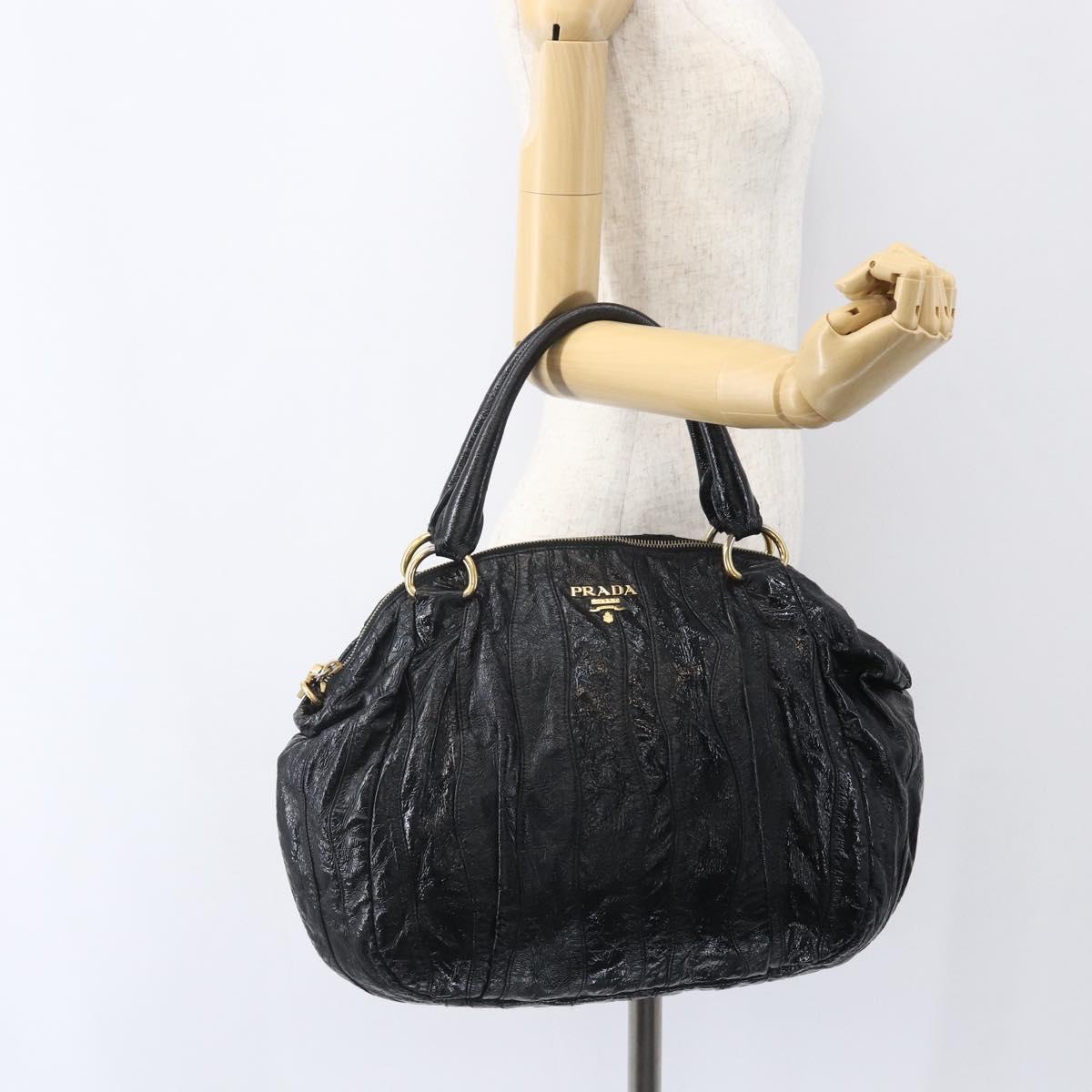 PRADA Hand Bag Enamel Black Gold Auth am9823