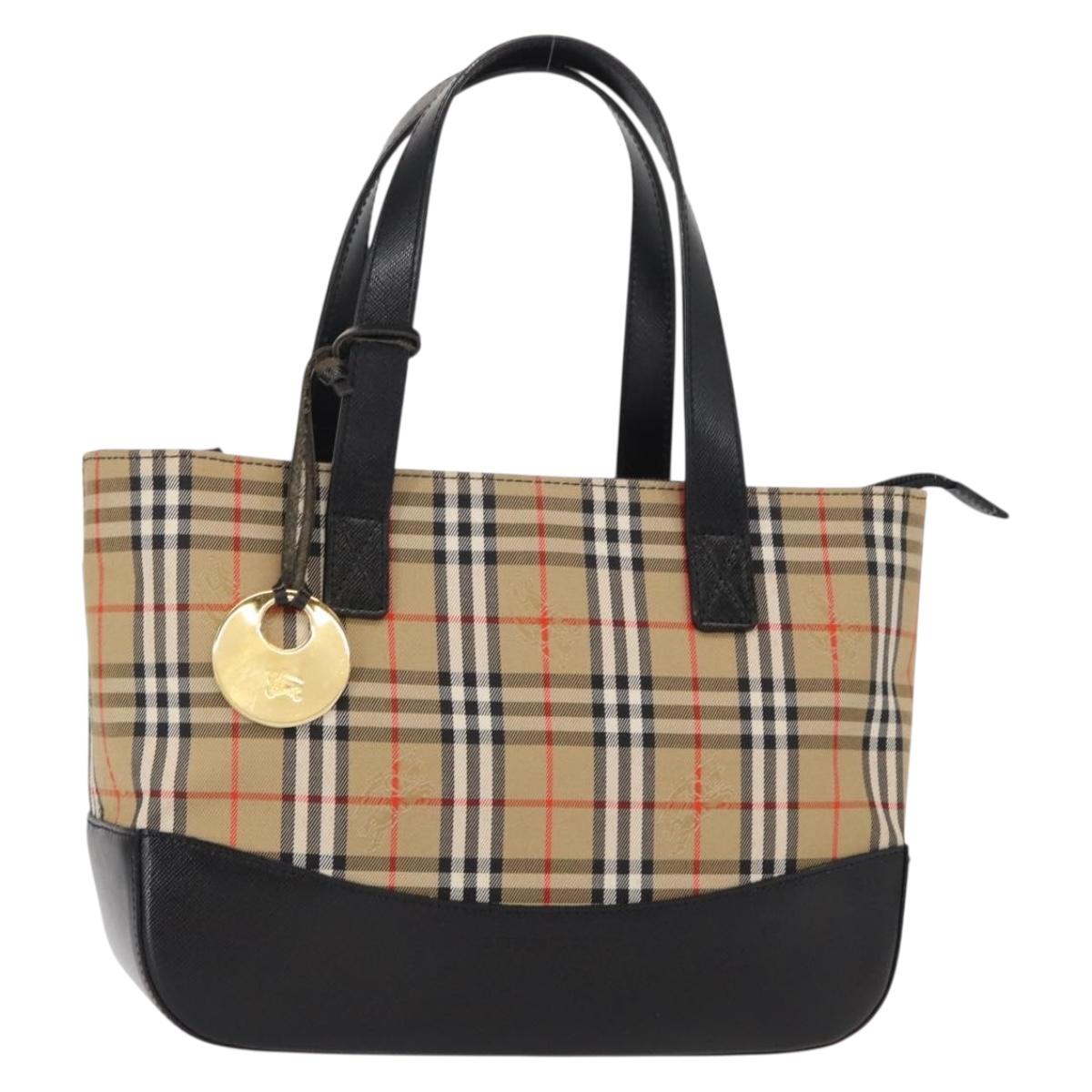 BURBERRY Nova Check Hand Bag Canvas Beige Gold Auth am9824