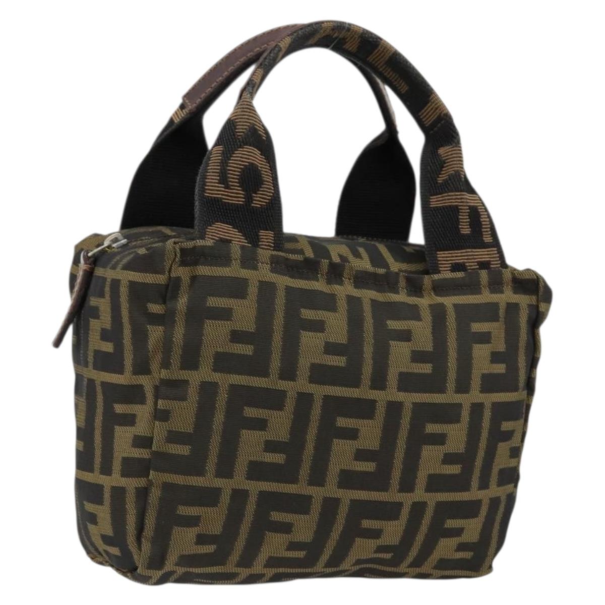 FENDI Zucca Canvas Hand Bag Khaki Silver Auth am9825