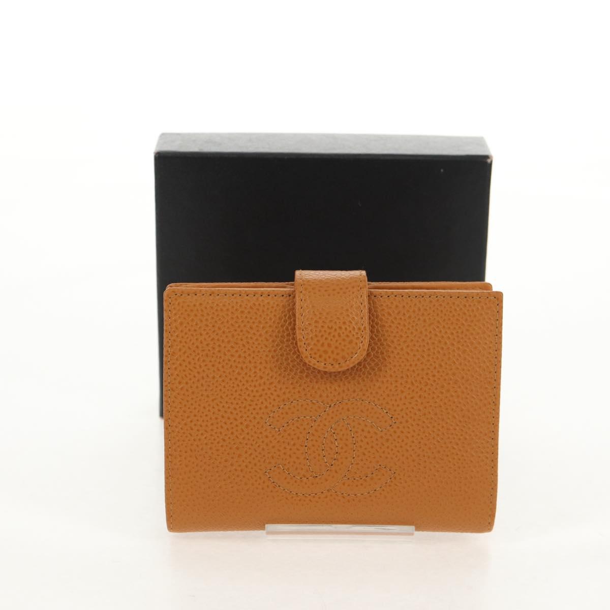 CHANEL Compact Wallet Caviar Skin Brown Gold CC Auth am9835V