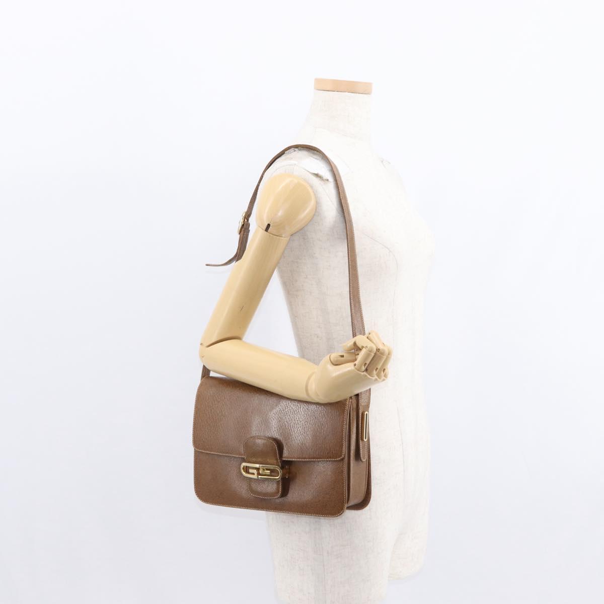 GUCCI Shoulder Bag Leather Brown Gold Auth am9842