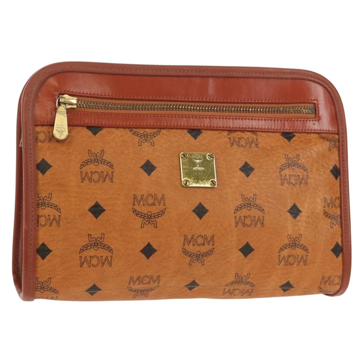 MCM Logogram Vicetos Clutch Bag PVC Leather Brown Gold Auth am9844V