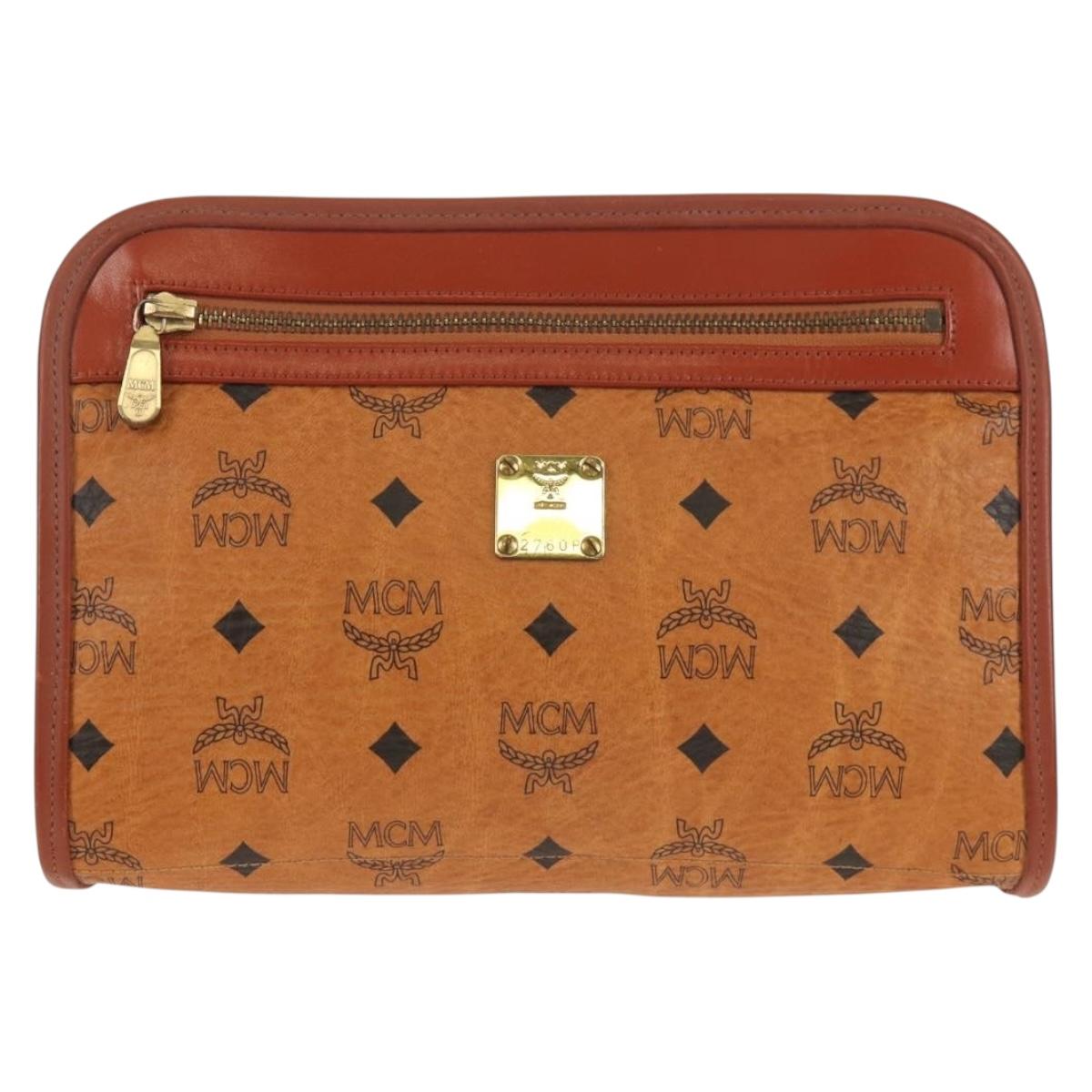MCM Logogram Vicetos Clutch Bag PVC Leather Brown Gold Auth am9844V