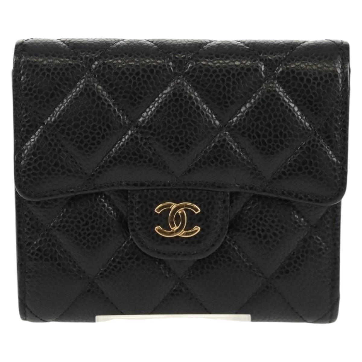 CHANEL Matelasse Compact Wallet Caviar Skin Black CC Auth am9849V