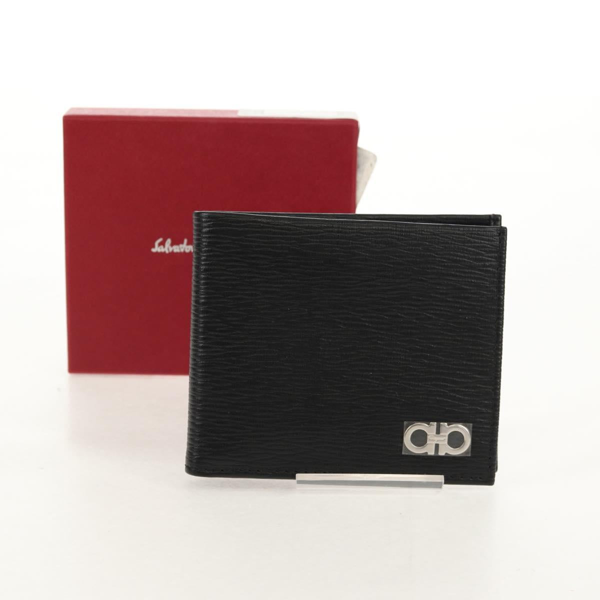 Salvatore Ferragamo Gancini Compact Wallet Leather Black Silver Auth am9850V