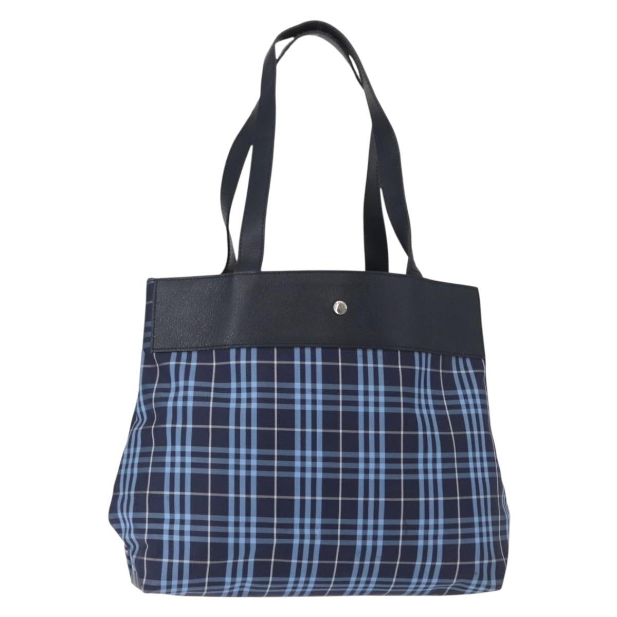 BURBERRY Nova Check Tote Bag Nylon Blue Silver Auth am9857