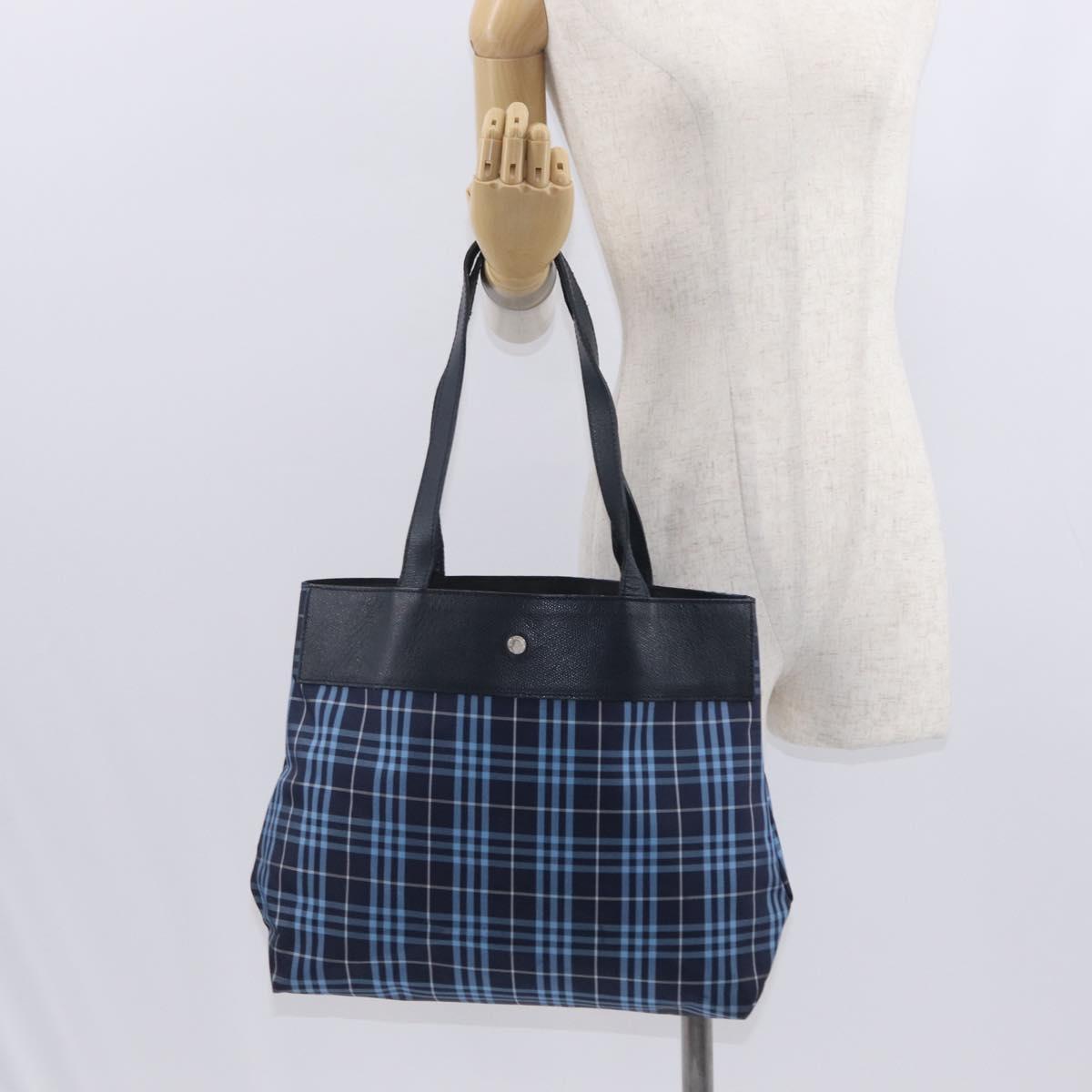 BURBERRY Nova Check Tote Bag Nylon Blue Silver Auth am9857