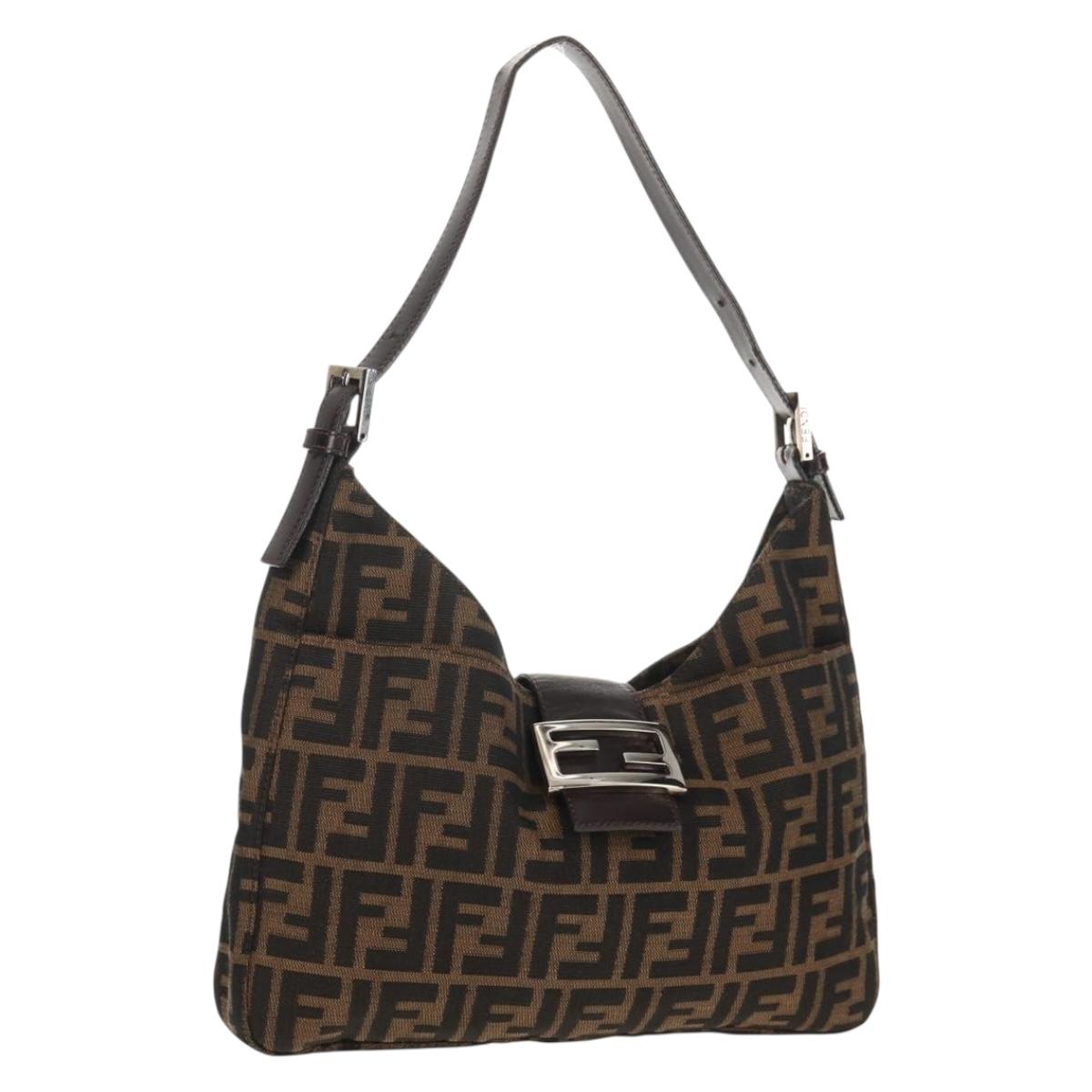 FENDI Zucca Canvas Mamma Baguette Shoulder Bag Black Brown Auth am9876V