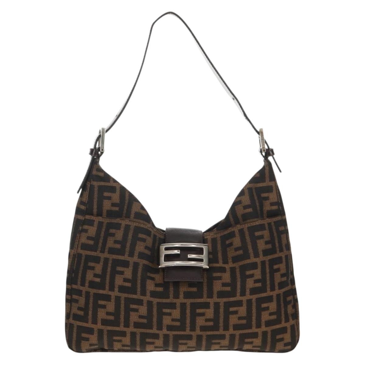 FENDI Zucca Canvas Mamma Baguette Shoulder Bag Black Brown Auth am9876V