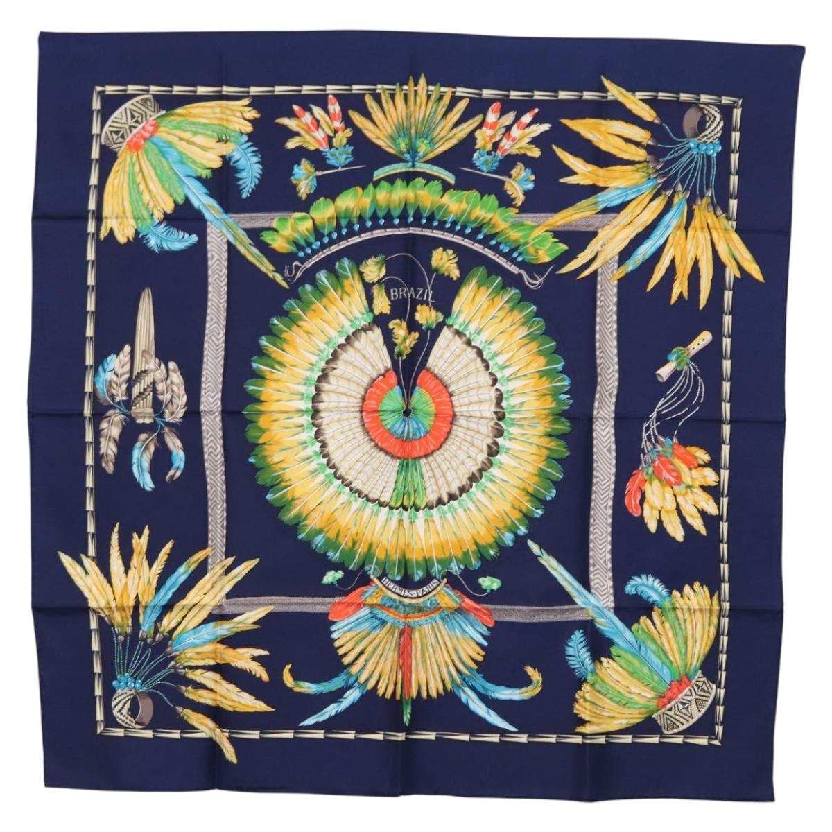 HERMES Carre 90 Scarf Silk ""BRAZIL"" Navy Auth am9883