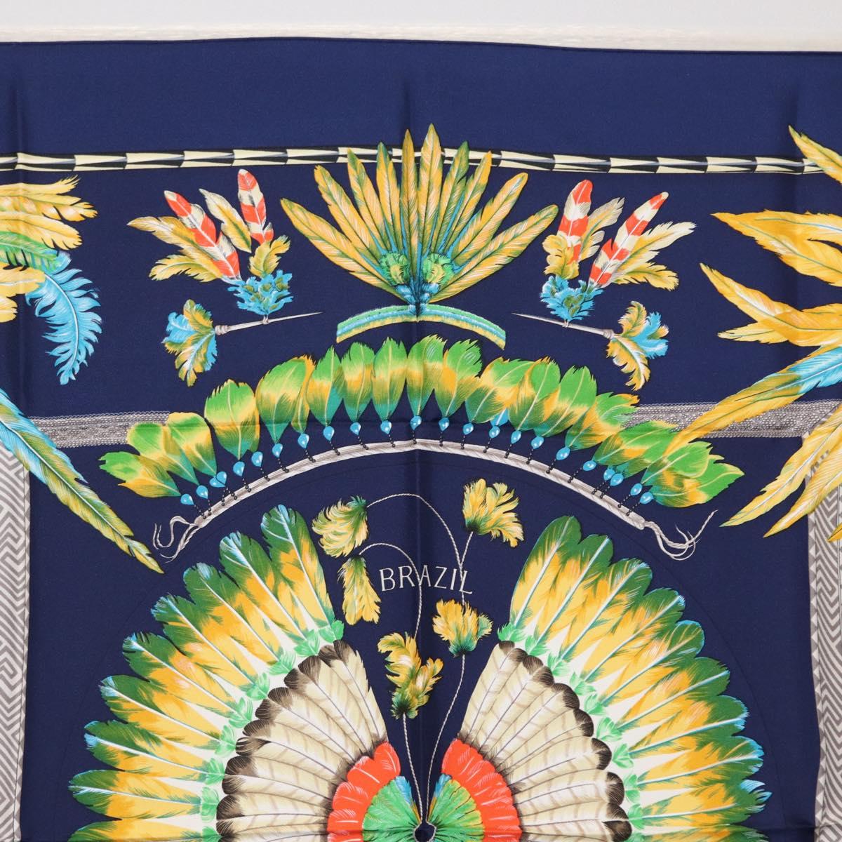 HERMES Carre 90 Scarf Silk ""BRAZIL"" Navy Auth am9883