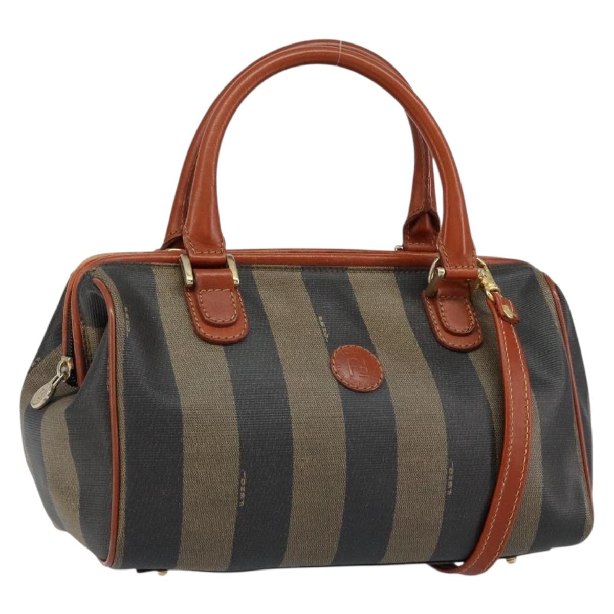 FENDI Pecan Canvas Mini Boston Bag PVC 2way Black Brown gold Auth am9884