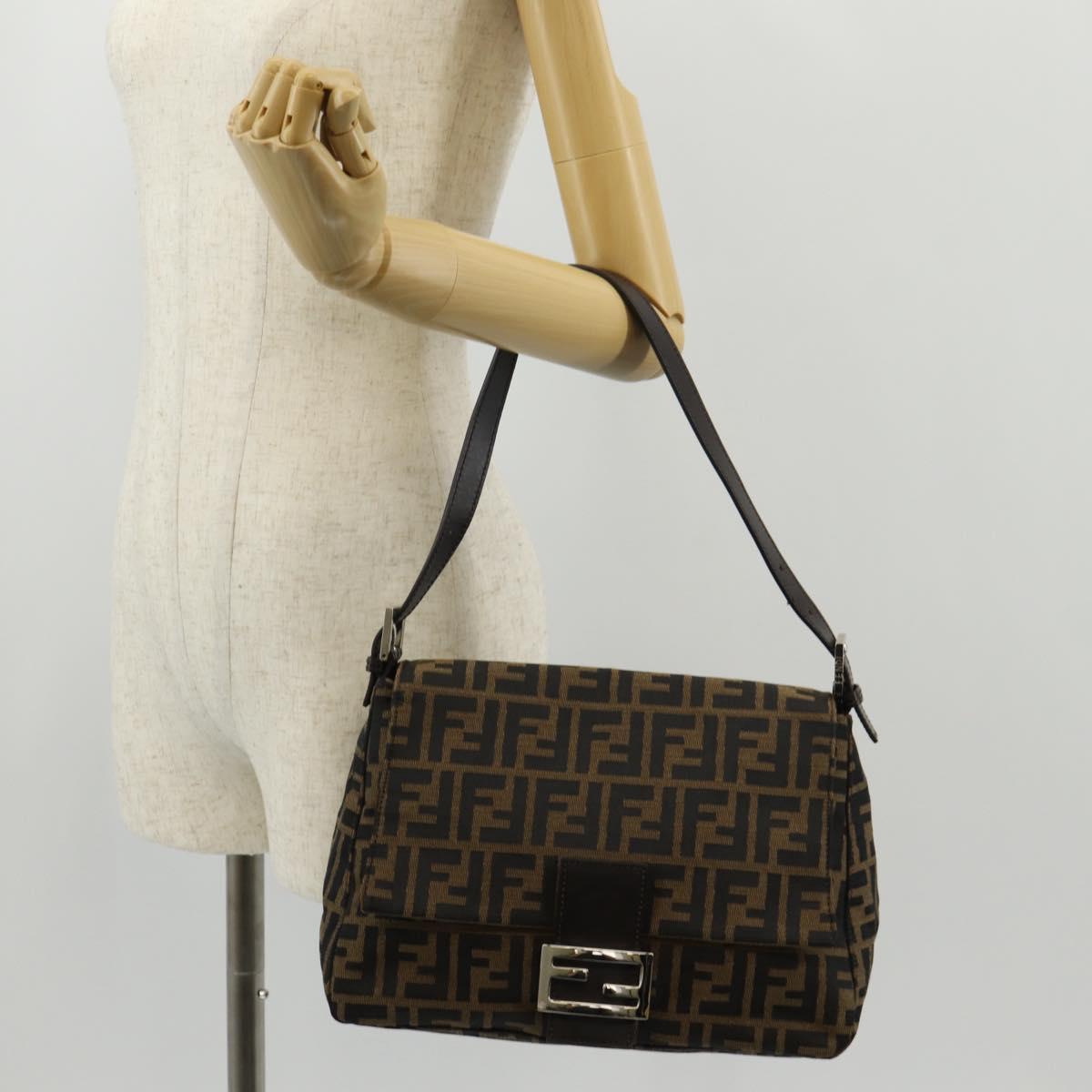 FENDI Zucca Canvas Mamma Baguette Shoulder Bag Black Brown Auth am9894V