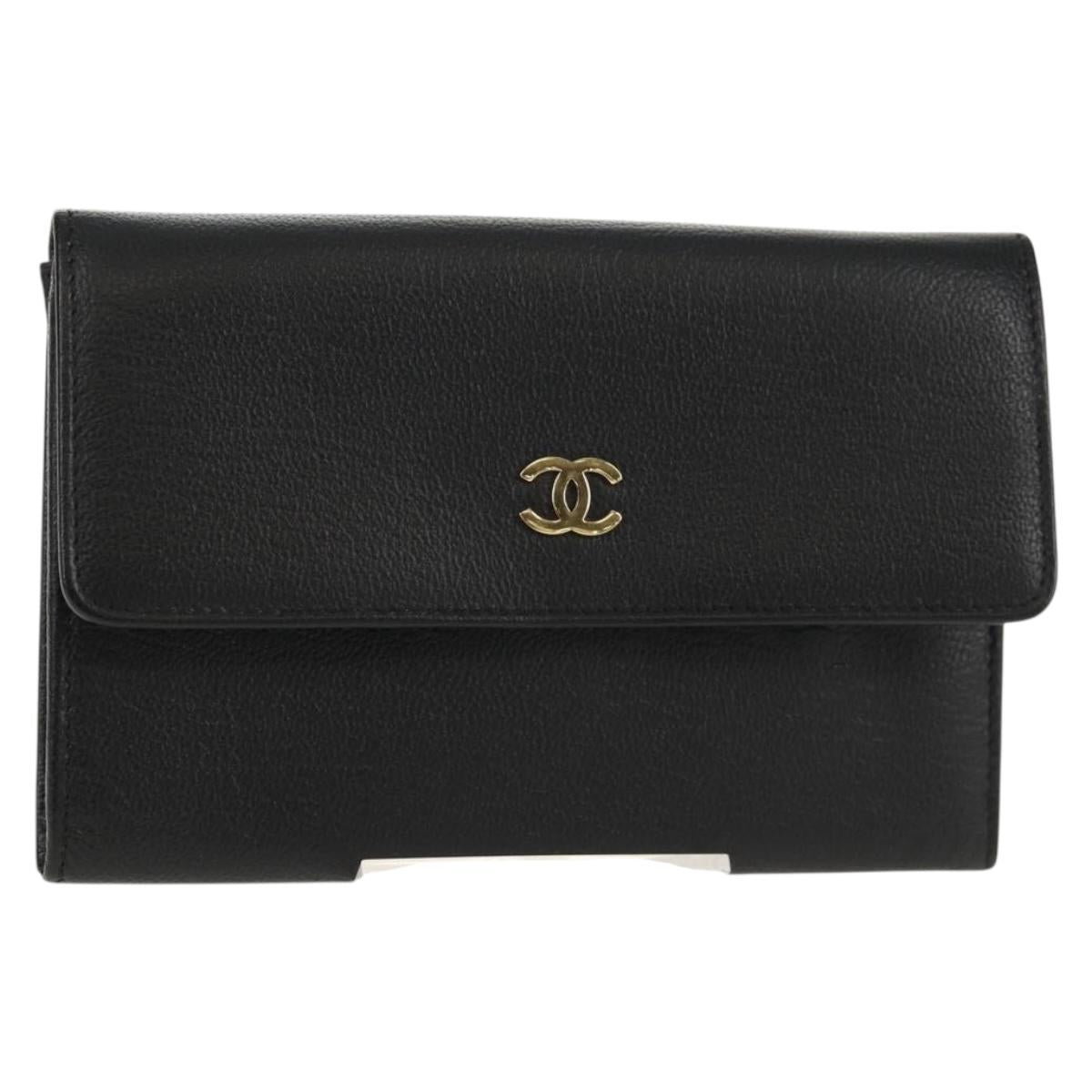 CHANEL Wallet Calf Skin Black Gold CC Auth am9909V