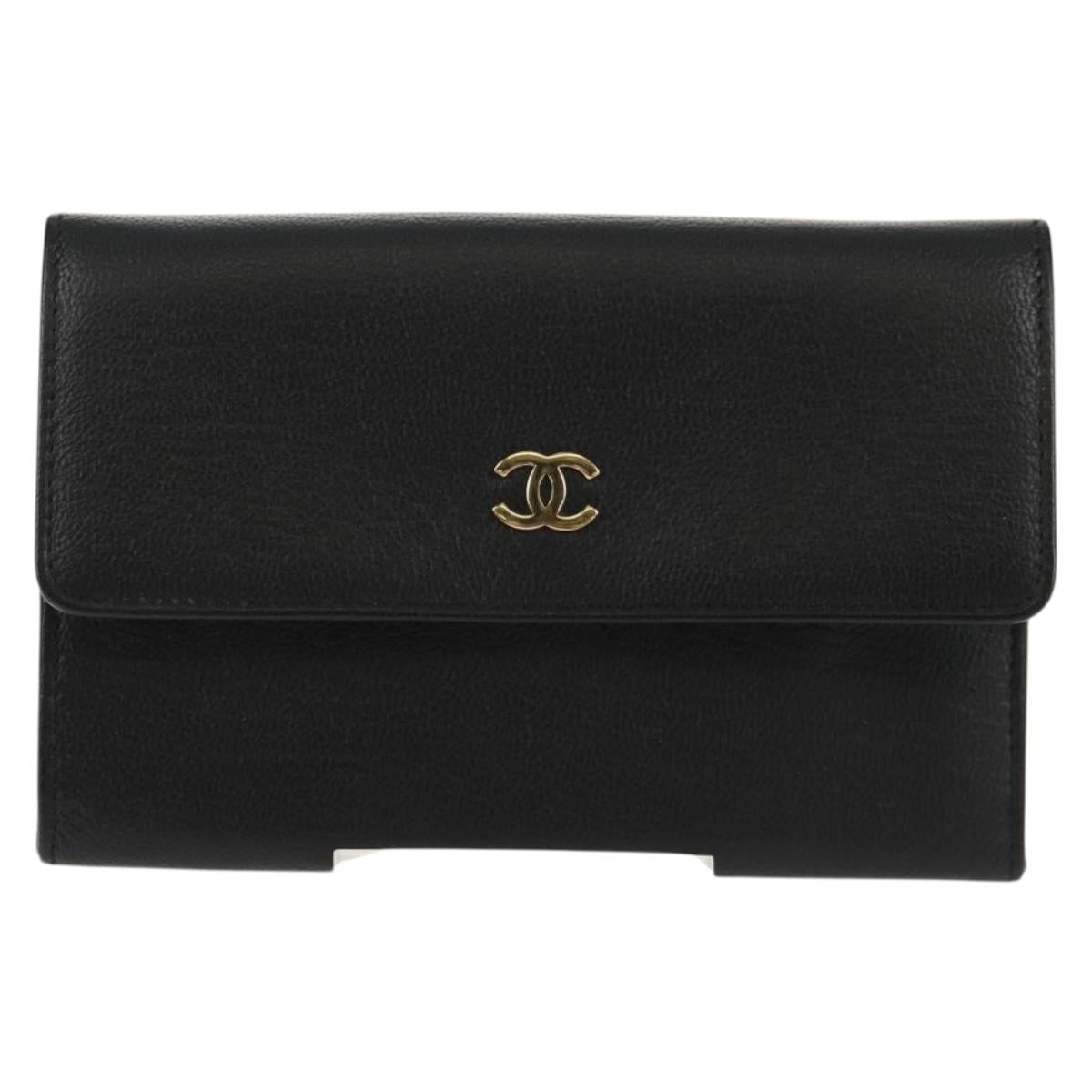 CHANEL Wallet Calf Skin Black Gold CC Auth am9909V