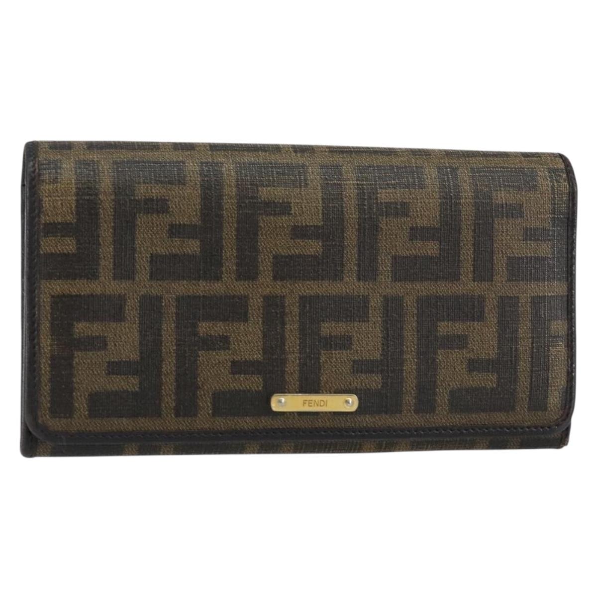 FENDI Zucca Canvas Long Wallet PVC Black Brown Auth am9915