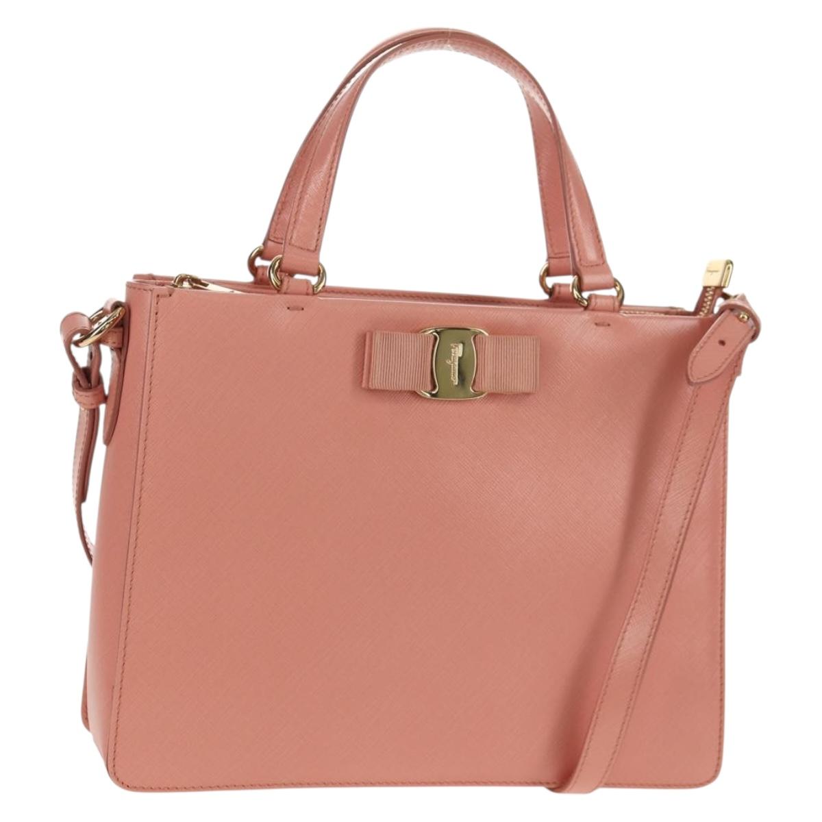 Salvatore Ferragamo Vala Hand Bag Leather 2way Pink Gold Auth am9917V