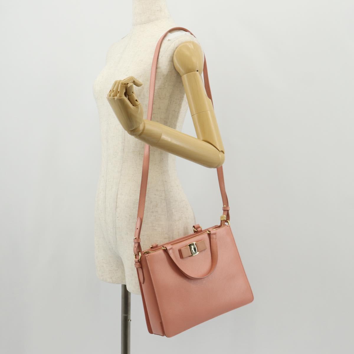 Salvatore Ferragamo Vala Hand Bag Leather 2way Pink Gold Auth am9917V