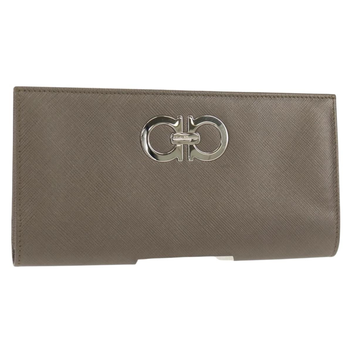 Salvatore Ferragamo Gancini Long Wallet Leather Silver Auth am9924V