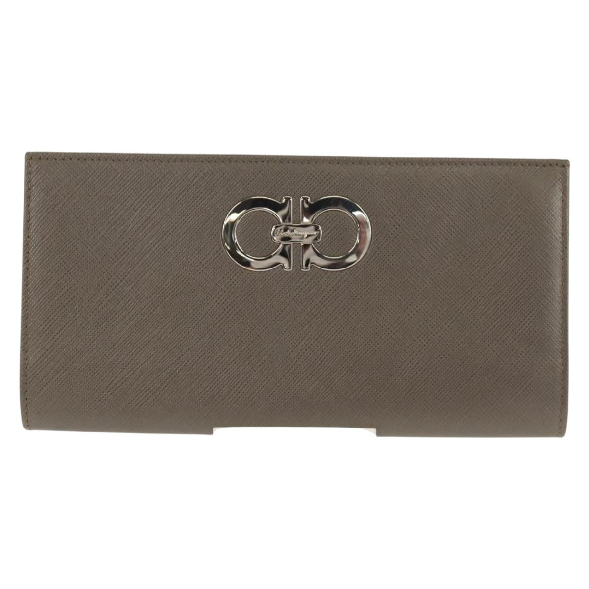 Salvatore Ferragamo Gancini Long Wallet Leather Silver Auth am9924V