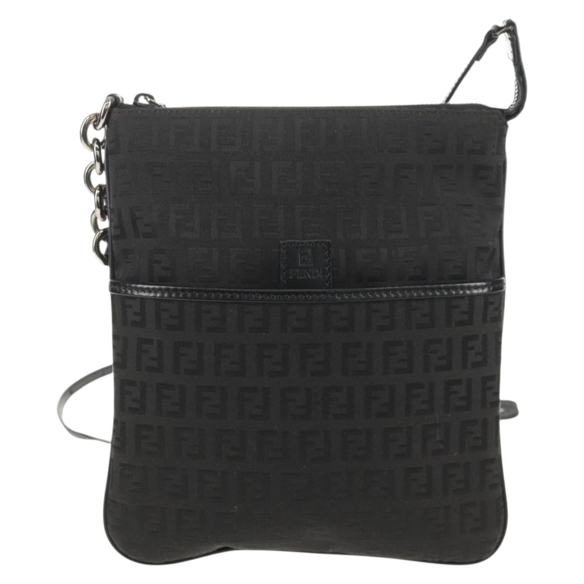FENDI Zucchino Canvas Shoulder Bag Black Silver Auth am9929V
