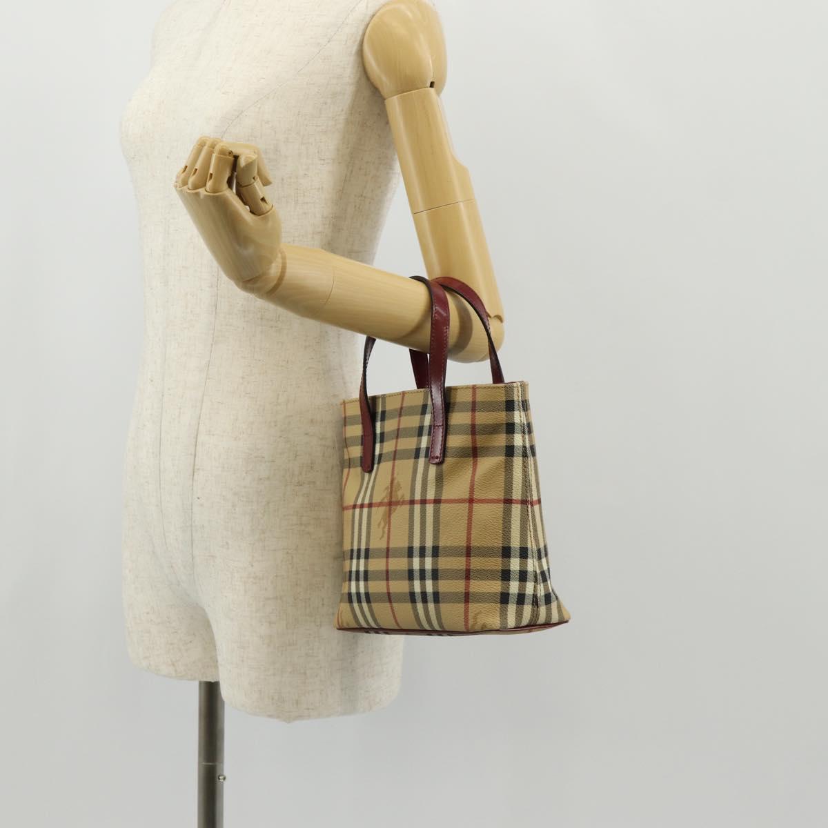 BURBERRY Nova Check Hand Bag PVC Beige Silver Auth am9935V