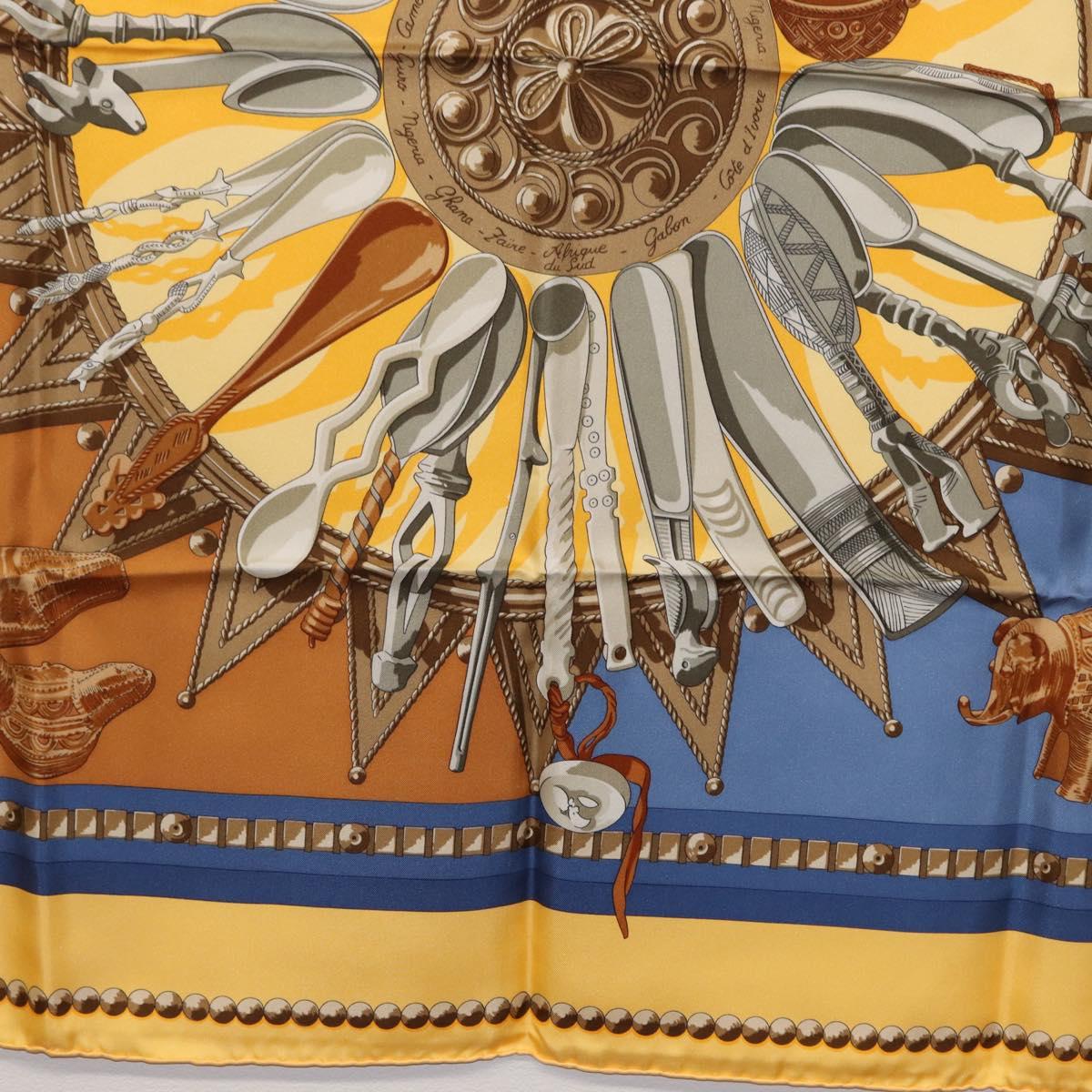 HERMES Carre 90 Scarf ""CUILLERS D'AFRIQUE"" Silk Yellow Auth am9940