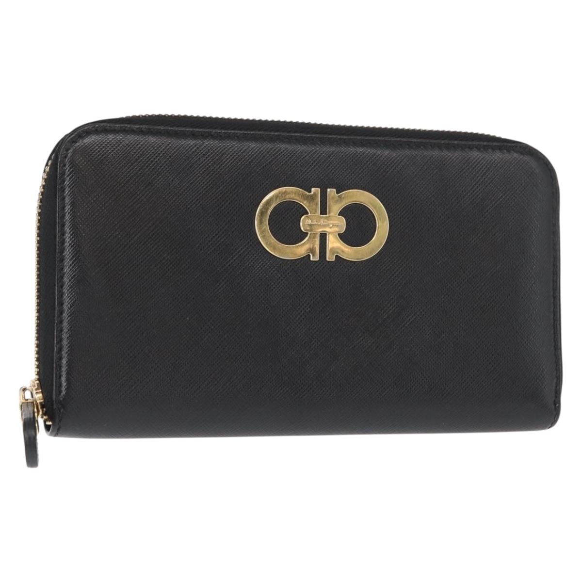 Salvatore Ferragamo Gancini Long Wallet Leather Black Gold Auth am9941