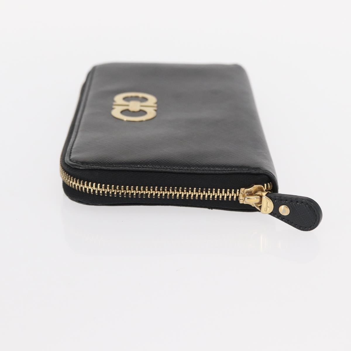 Salvatore Ferragamo Gancini Long Wallet Leather Black Gold Auth am9941