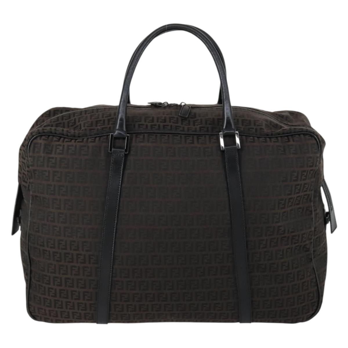 FENDI Zucchino Canvas Boston Bag Brown Black Auth am9942