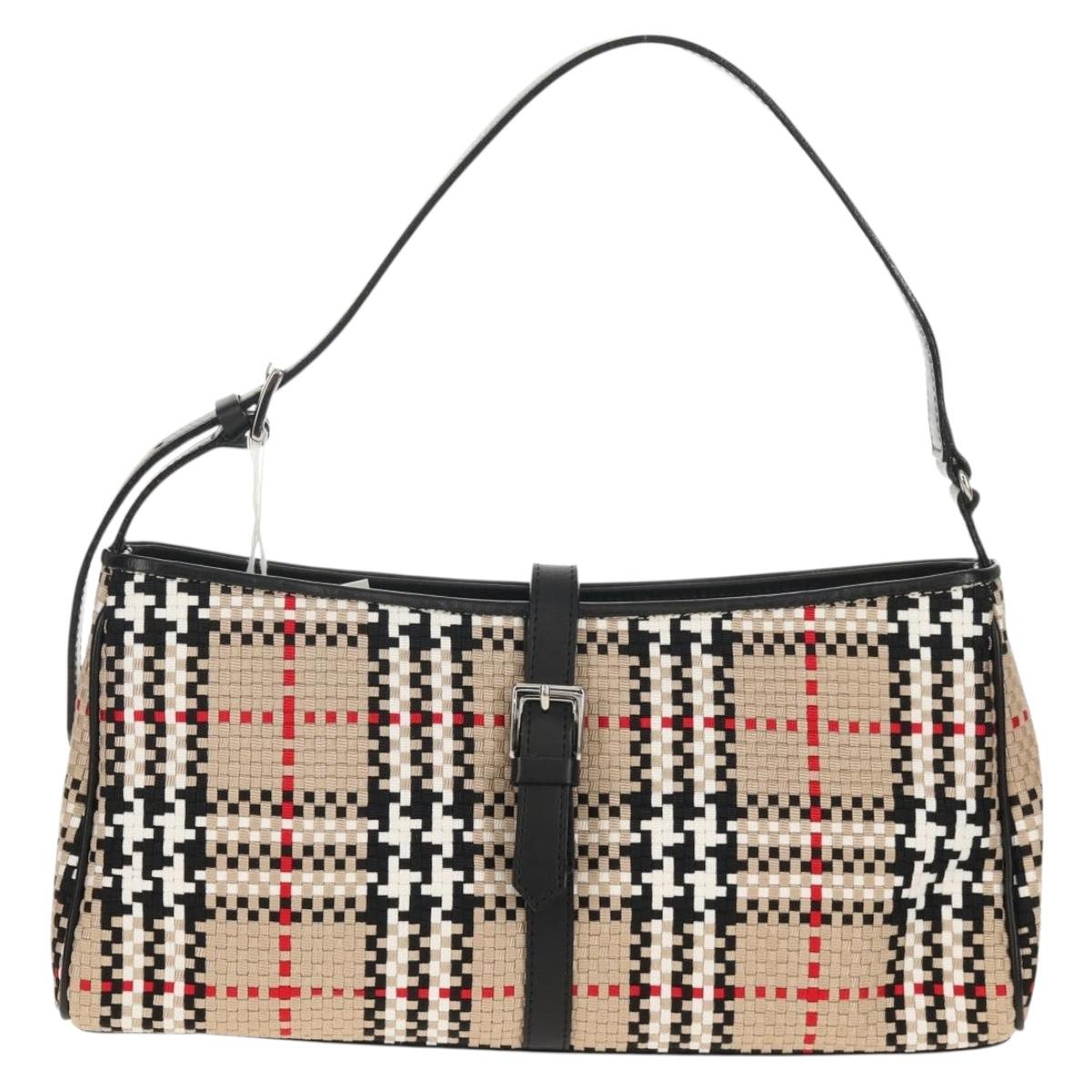 BURBERRY Nova Check Hand Bag Nylon Beige Silver Auth am9944V