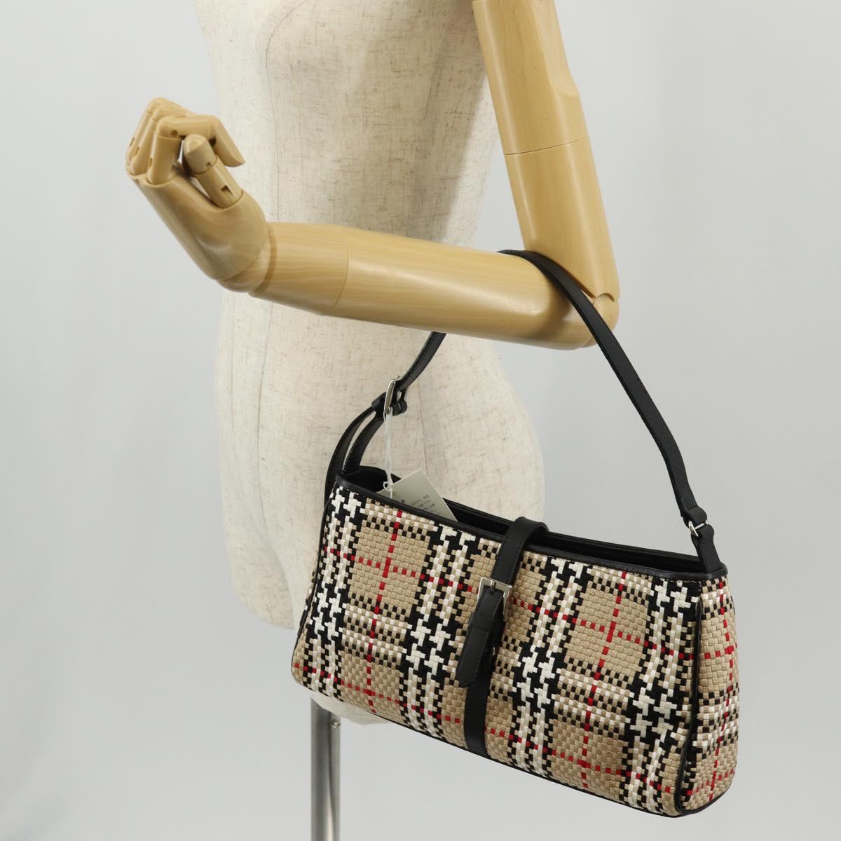 BURBERRY Nova Check Hand Bag Nylon Beige Silver Auth am9944V