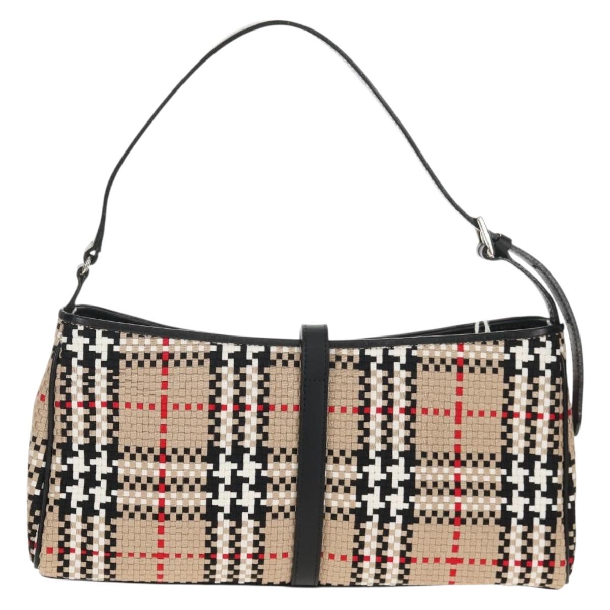 BURBERRY Nova Check Hand Bag Nylon Beige Silver Auth am9944V