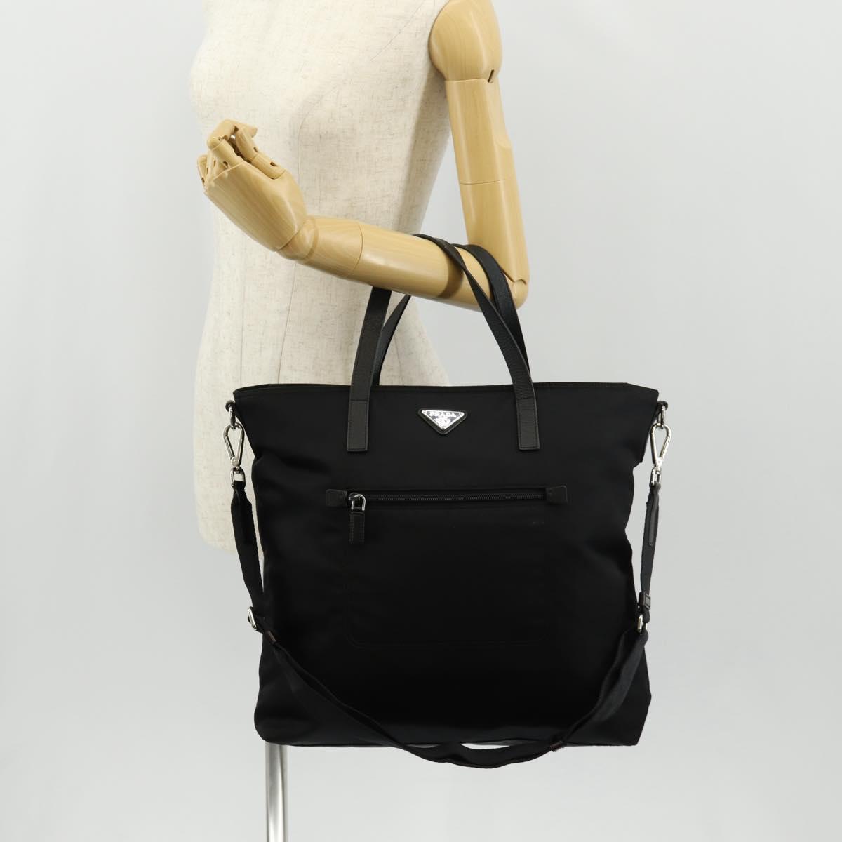 PRADA Tote Bag Nylon 2way Black Silver Auth am9967