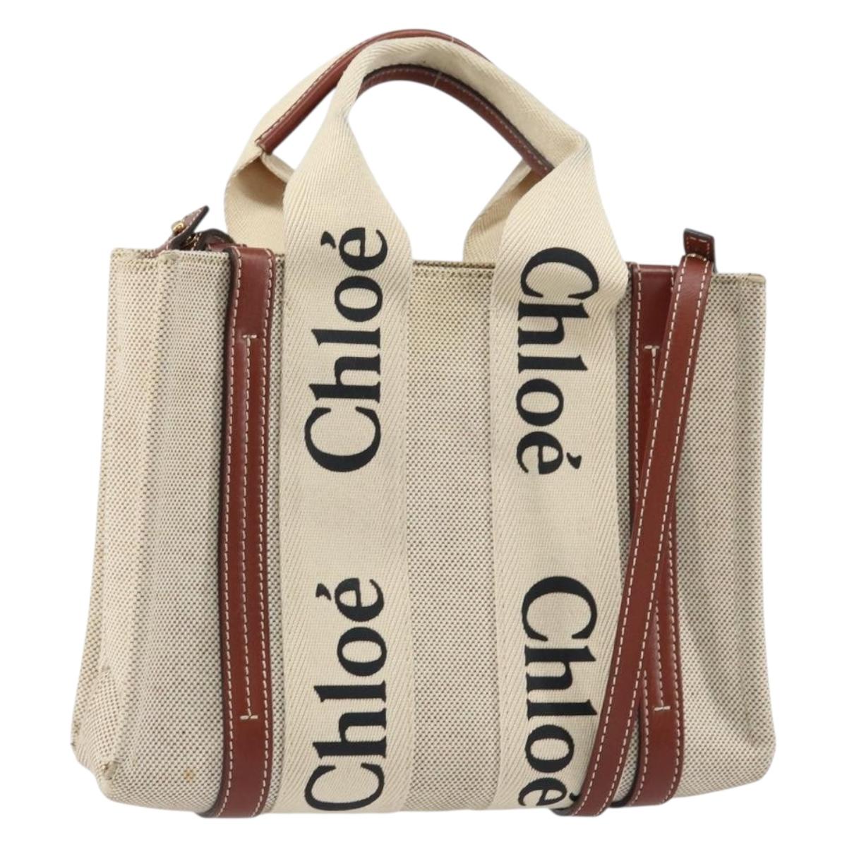 Chloe Woody Hand Bag Canvas Leather 2way Beige Gold Auth am9996